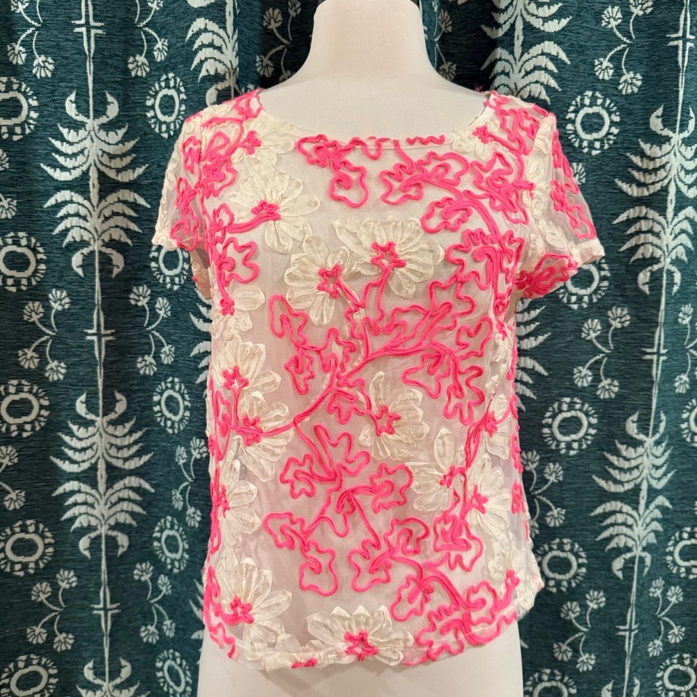 Anthropologie Meadow Rue Cherry Blossom Pink Ribbon Mesh Women's Top Size XS - Picture 5 of 9